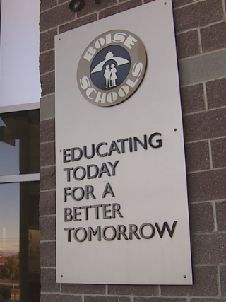  Boise School District logo and mission mounted on exterior of school building